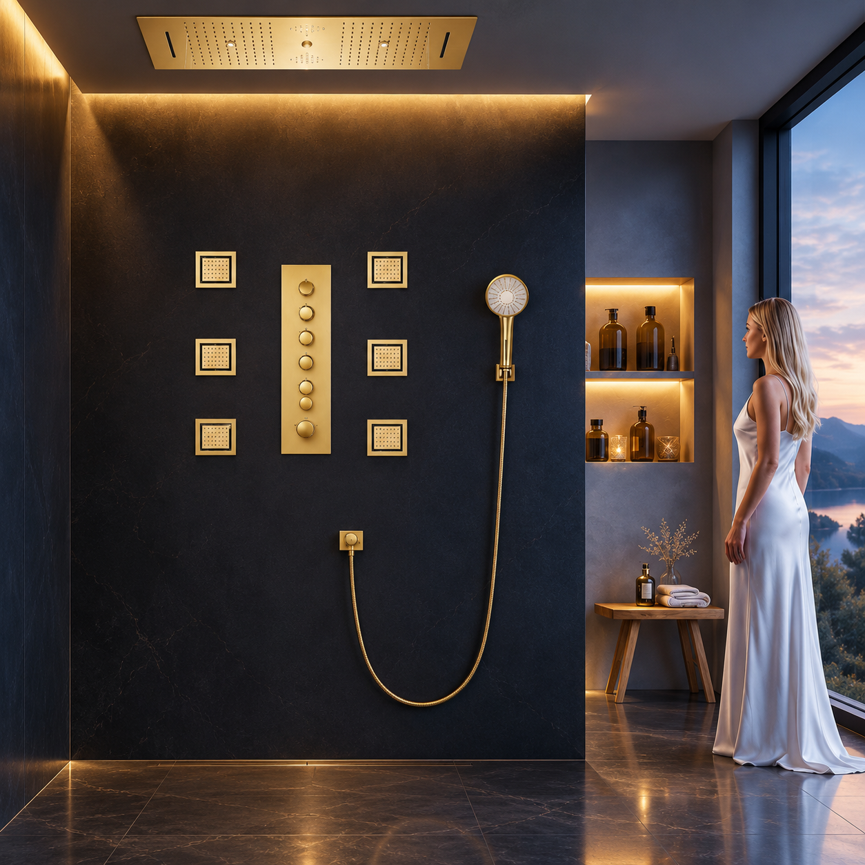 Modern bathroom with coordinated tub shower toilet and sink fixtures