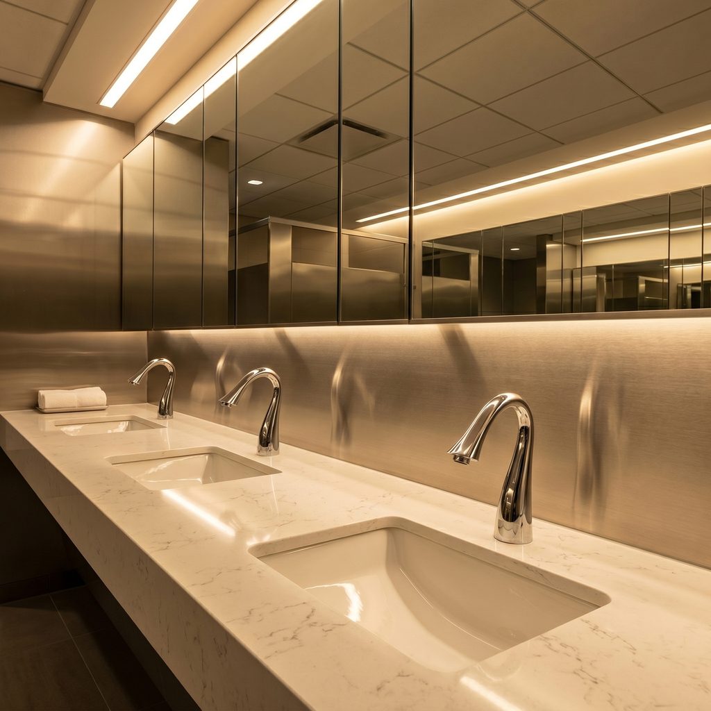 Touchless faucet installed above a commercial restroom sink with a clean modern countertop