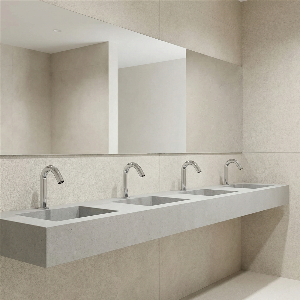 Manual commercial restroom faucet with lever handle and stainless steel sink